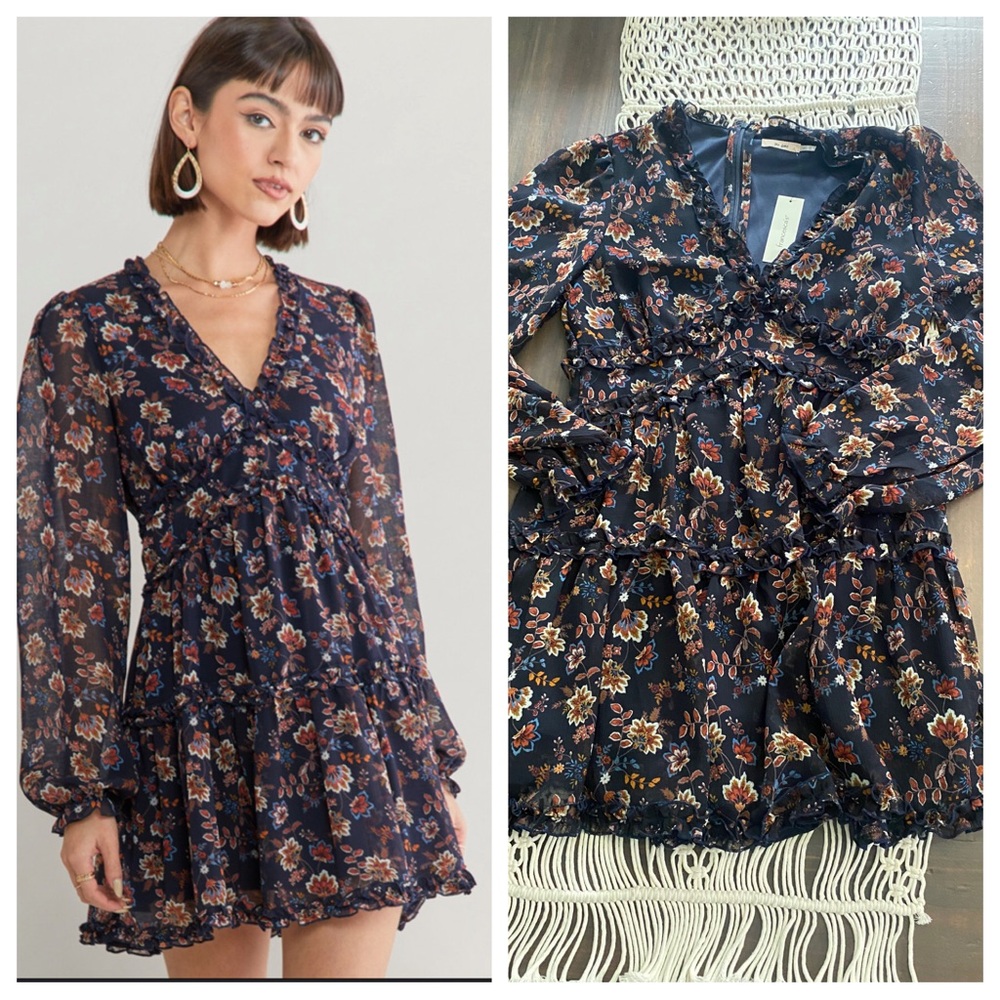 Floral Ruffle V-Neck Women’s Dress - Navy